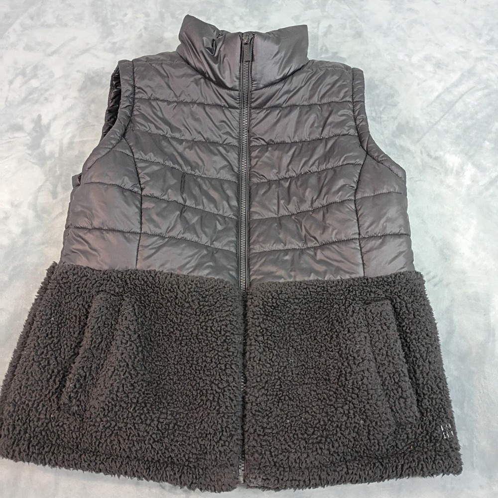 Calvin Klein Womens Black Mixed Media Puffer Sherpa Fleece Vest Size Medium